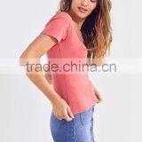 MGOO Wholesale Solid Color Scoop Neck T Shirt Woman Cotton Plain Slim Fit Short Sleeve T Shirts thumbnail-5