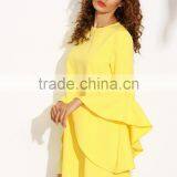 Yellow Crew Neck Ruffle Sleeve Shift Dress 100% Polyester Long Sleeve Casual Short Dress thumbnail-3