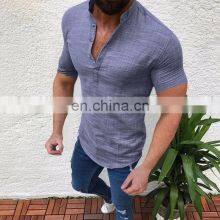 New Summer Men Fashion Cotton Linen Button-down Shirt Short Sleeve Mandarin Collar Solid Color Casual Tops thumbnail-4