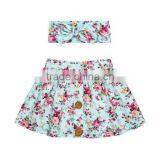 Summer Blue Flower Printed Dress Buttons Design Kids Clothes With Headband thumbnail-1