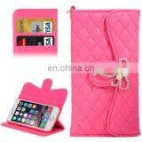 New Design Plaid Texture Sheepskin Diamond-encrusted Bowknot Button Flip Leather Case for IPhone 6