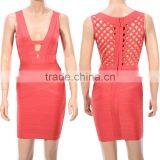 Coral Deep V Neck Hollow Out Sexy Ladies 2015 New Arrival HL Bandage Sexy Fashion Bodycon Dresses thumbnail-5
