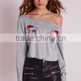 Women Standout Donut Print Pullover Long Sleeves Cropped Jumper Grey thumbnail-2