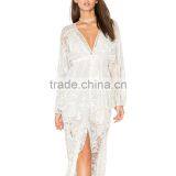 Button up Long Sleeve Fancy Lace Dress Bridal Casual Maxi Robe thumbnail-4