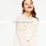 2016 Online Wholesale Latest Simple Design Elegant Lace Inserts High Neck Designs Women's Ruffle Shirt Ladies Top and Blouses thumbnail-2