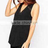 2016 Guangzhou Shandao Supplier OEM New Fashion Design Summer Sexy Sleeveless Deep V Neck Black Chiffon Girls Party Wear Tops thumbnail-4