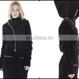 Women Black Assimetric Zip Collar Cotton Fleece Hood Sweatshirt Dark