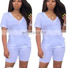 Clothing Manufacturers Custom Logo Women's Plus Size Summer V-neck Casual Sports T-shirt + Shorts Jogging Suit thumbnail-1