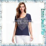 2016 New Designs Wide Open Neck Blue Printing Cotton T Shirts for Sexy Womens thumbnail-2