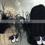 Fashion New Arrival Cute Sequin Eyes Feather Decorated Knitted Lady Women Hat thumbnail-3