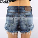 S1568 Sexy Hot Girls Dark Wash Flared Ripped Denim Mini Shorts With Bottom Hem Fringes Pants thumbnail-2