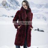 Bordeaux Double Face Lamb Fur Coat Beautiful Style Raccoon Fur Collar Sheep Fur Down Jacket Real Animal Fur Overcoat Reversible