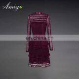 Red Mesh Long Sleeve Sexy Dress With Hollow Out Dress thumbnail-1