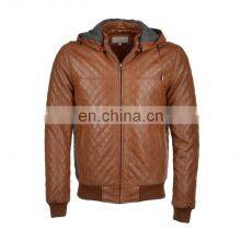 Hood collarless Zips design men leather jackets  brown color jacket