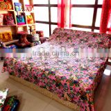Queen Kantha quilt Flower Garden Multi Pink handmade
