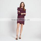 Ruffled at Neck and Cuff, Ladies Round Neck and Long Sleeve Dress thumbnail-2