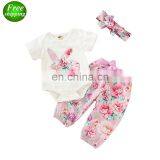 Easter Day 2019 Short Sleeved Kids Clothes Girls Children Clothing Sets Bunny White Romper & Flower Pants & Headband 3PCS Set