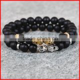KJL-0113 2016 New Design Mens Bracelets Wholesale 8mm Matte Black Aagate Stone Beads Antique With Gold Silver Skull Bracelets