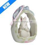Porcelain Bunny in a Basket With Pink Roses - Sitting Bunny thumbnail-1