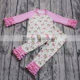 High quality cheap discount baby clothing set pink flower print kids girl 2pcs boutique outfit long sleeve t-shirt pants clothes