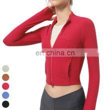 Custom Workout Wear Double Head Zipper Stand Collar Sports Coat Gym Fitness Tops Long Sleeve Ribbed Short Yoga Jacket For Women thumbnail-1