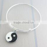 Adjustable Silver Wire Black White Enamel Yin Yang Charm Bangle