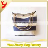 High Quality Sturdy Cotton Canvas Fabric Tote Shopping Bags With Navy Blue and White Stripes