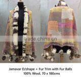 Jamawar Shawls Jamavar D/Shape Fur Trim With Fur Balls 01 thumbnail-1