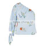 Tie Cuff Modern Lady's One Shoulder Stripe and Floral Poplin Blouse thumbnail-6