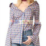 OEM Fashion Strapeless Neckline Horn Cuff Plaid Women Blouse thumbnail-2