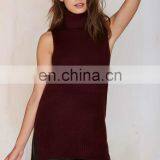 Sexy Burgundy Side Slits Asymmetric Turtleneck Sweater Sleeveless Sweater OEM thumbnail-2