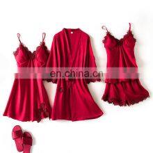 Wholesale Women Four Pieces, Lace Sleepwear Elegant Silk Satin Pajamas Set/