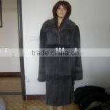 Grey Iris Rex Rabbit Fur Coat With Grey Iris Mink Collar