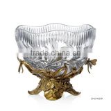 Ornate Crackle Crystal Compote With Wave Edge, Crystal Fruit Bowl Inlaid Bronze Casting Dragonfly & Leaves Pedestal