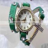 2014 New Arrival Fashion Leather Wrap Bracelet Watch With Crystal Rhinestone Cross thumbnail-3