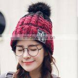 fox fur ball top turnback cable knit hats chunky cable knit hat