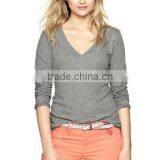 WOMENS PLAIN GREY LONG SLEEVE V NECK T SHIRT