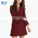 Summer Women's New Fashion Clothing 2016 Maroon Bell Sleeve Shift Dresses thumbnail-2