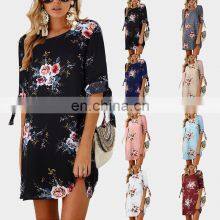 Manufacturers Wholesale Custom Women's Chiffon Printed Round Neck Three-quarter Sleeve Dress Casual Fashion Short Skirt Plus thumbnail-2