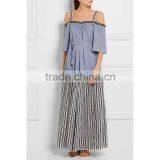 2016 Latest Women Off Shoulder Embroidered Striped Cotton Maxi Dress HSD9511