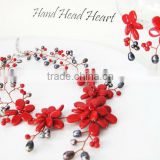 Garnet and Coral Pearls Gem stone Flower Necklace with Earrings SET HandMade PN132