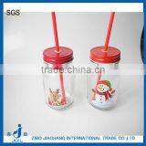 Snowflake Christmas Promotional Gift Glass Drinking Mug With Red Lid thumbnail-1