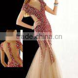 Red Beaded Cap Sleeve High Neck Arabian Dresses thumbnail-2