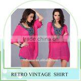 Hotsale O-neck Printed Retro Vintage Bohemian Loose Casual Chiffon Shirts Blouse Top Clothing for Women thumbnail-1