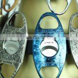 HQP-XJ06 HongQiang OEM Leather Pouch in Gift Box Classic Carving Pattern Double Edge Stainless Steel Portable Cigar Cutter thumbnail-1