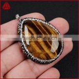 Tiger Eye Gemstone Pendant, Pearl Jewelry & Drop Shape Tiger's Eye & Zircon Pendant Bead Silver Plated Clasp thumbnail-3