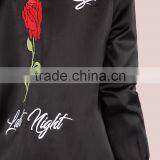 Black Rose Embroidered Bomber Jacket 100% Polyester Vintage Casual Back Silky Longline Winter Zipper Jacket thumbnail-3
