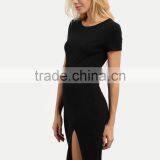 Rayon Black Short Sleeve Split Side Sheath Dress Polyester Spandex Plain Casual Short Dress thumbnail-4