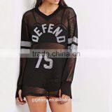 Custom Black Casual Top Thumb Holes Long Sleeve Shirt Blouse Mesh Women Jumper thumbnail-1