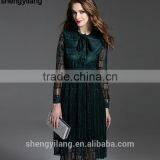 Ladies Maroon Dark Green Hollowed Lace 100% Polyester Dress thumbnail-1